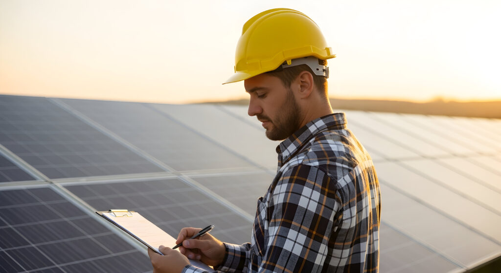 A solar panel technician meticulously inspects the array, ensuring optimal performance and efficiency for clean energy production.