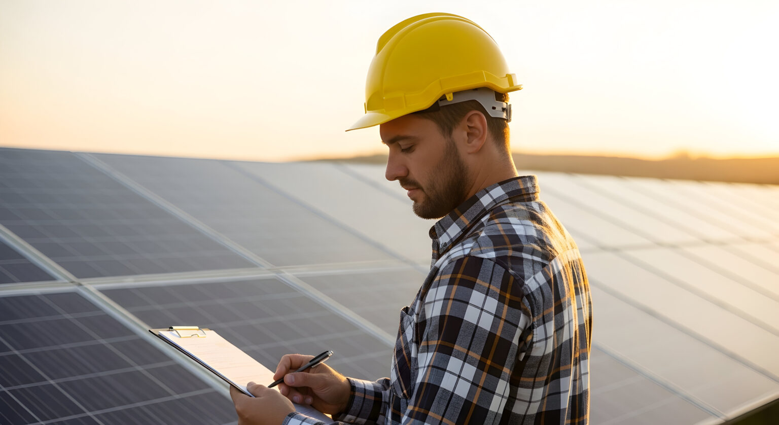 A solar panel technician meticulously inspects the array, ensuring optimal performance and efficiency for clean energy production.